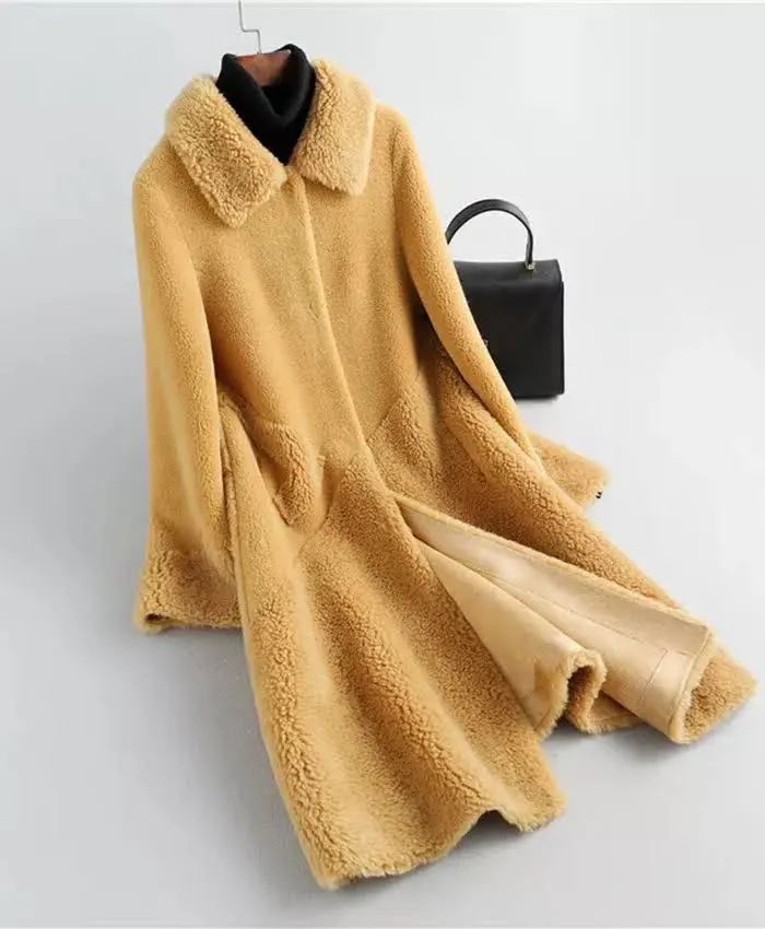 Camel Brown Real Lamb Fur Coat