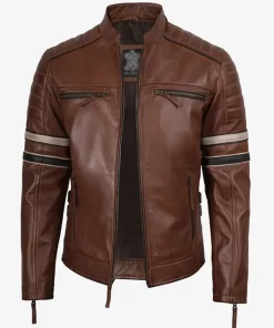 Cognac Racer With Stripes Brown Leather Jacket