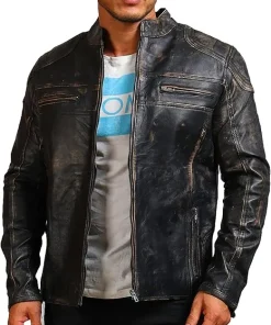 Mens Distressed Black Real Leather Moto Jacket