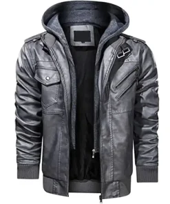 Mens Removable Hood Grey Bomber Leather Jacket