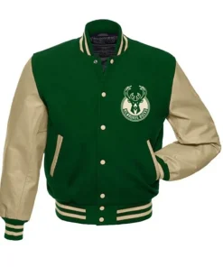 Milwaukee Bucks Beige And Green Letterman Varsity Jacket